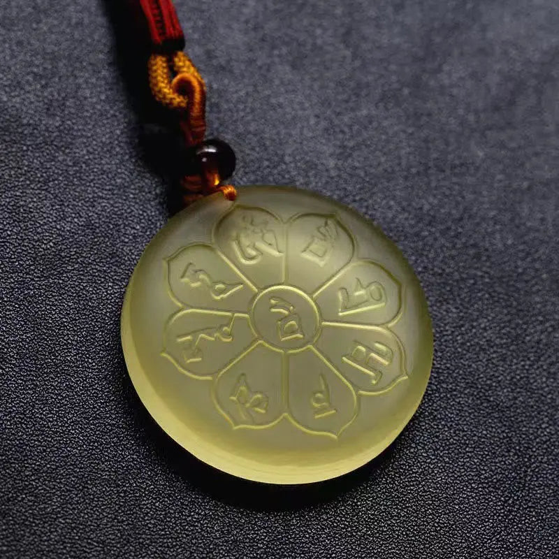 Fortune Jewel Liuli Crystal Wealth God Mantra Abundance Eight-petal Shape Necklace Pendant Fortune Jewel