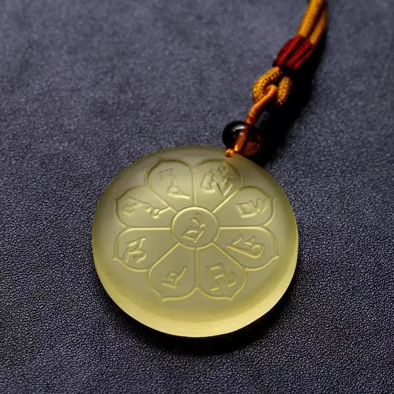 Fortune Jewel Liuli Crystal Wealth God Mantra Abundance Eight-petal Shape Necklace Pendant Fortune Jewel