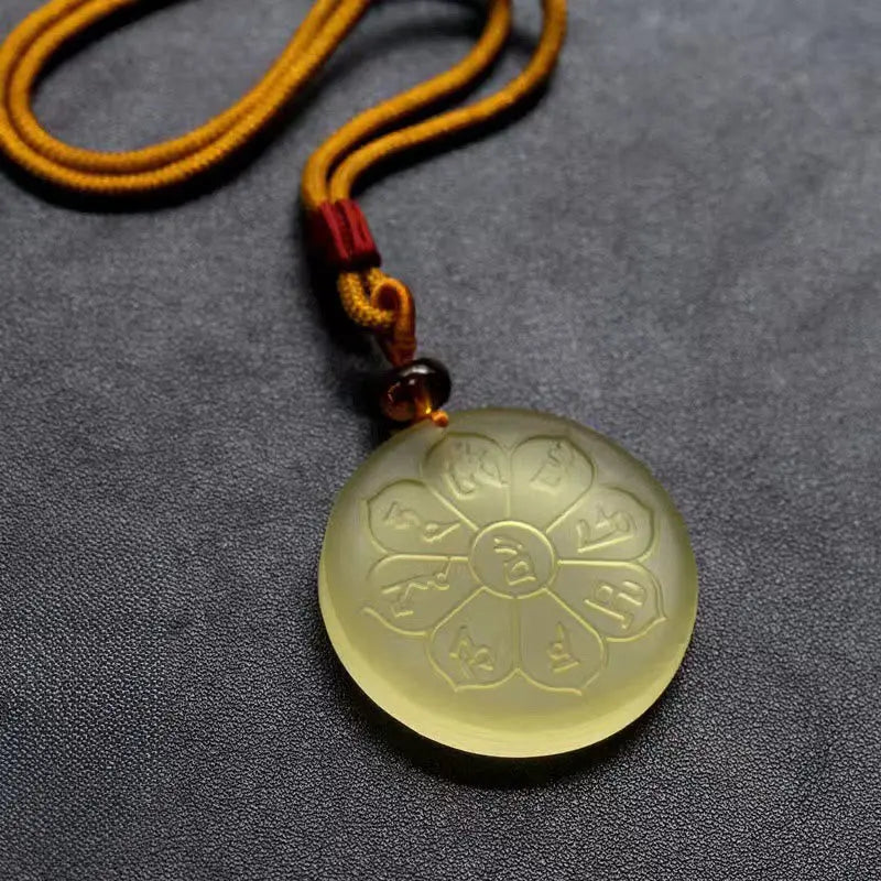 Fortune Jewel Liuli Crystal Wealth God Mantra Abundance Eight-petal Shape Necklace Pendant Fortune Jewel