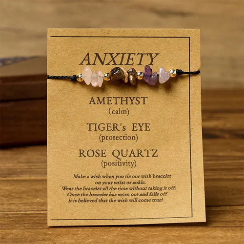 Buddha Stones Amethyst Tiger Eye Rose Quartz Protection Anti-Anxiety Card Rope Bracelet Fortune Jewel