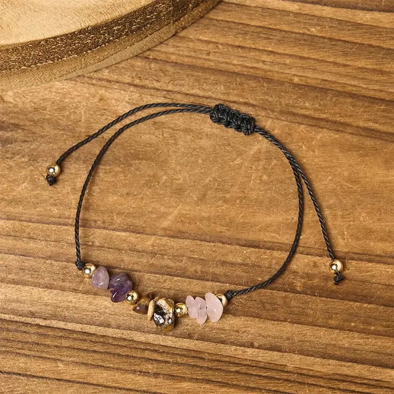 Buddha Stones Amethyst Tiger Eye Rose Quartz Protection Anti-Anxiety Card Rope Bracelet Fortune Jewel