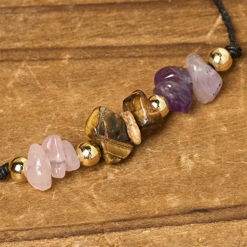 Buddha Stones Amethyst Tiger Eye Rose Quartz Protection Anti-Anxiety Card Rope Bracelet Fortune Jewel