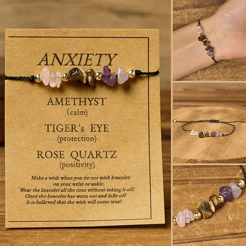 Buddha Stones Amethyst Tiger Eye Rose Quartz Protection Anti-Anxiety Card Rope Bracelet Fortune Jewel