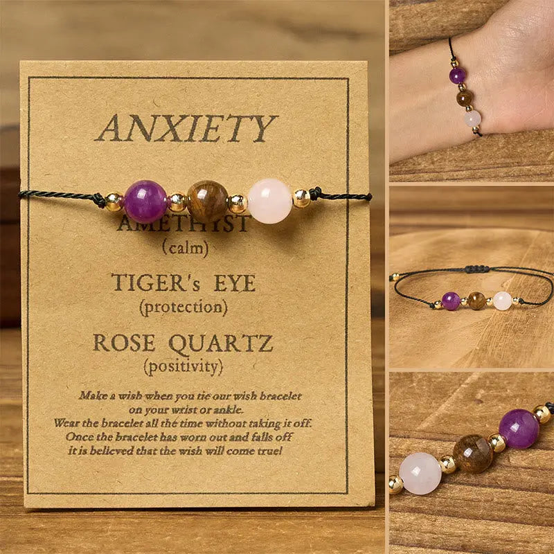 Buddha Stones Amethyst Tiger Eye Rose Quartz Protection Anti-Anxiety Card Rope Bracelet Fortune Jewel