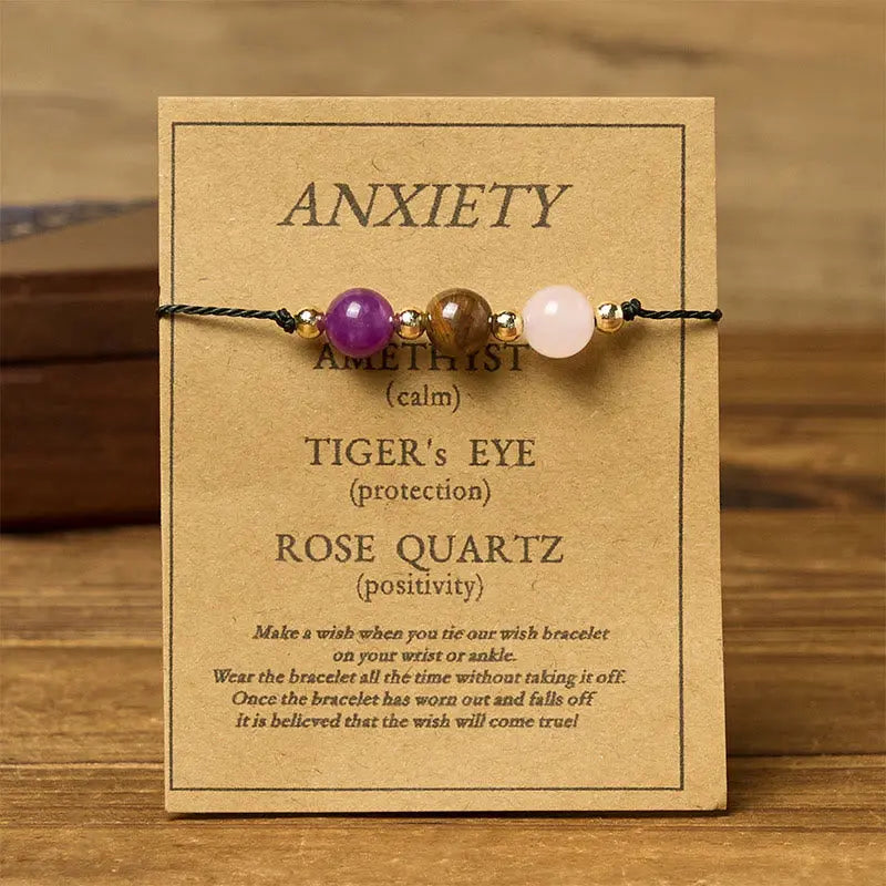 Buddha Stones Amethyst Tiger Eye Rose Quartz Protection Anti-Anxiety Card Rope Bracelet Fortune Jewel
