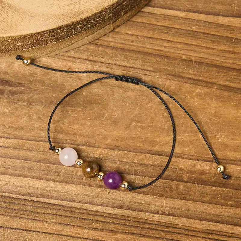 Buddha Stones Amethyst Tiger Eye Rose Quartz Protection Anti-Anxiety Card Rope Bracelet Fortune Jewel