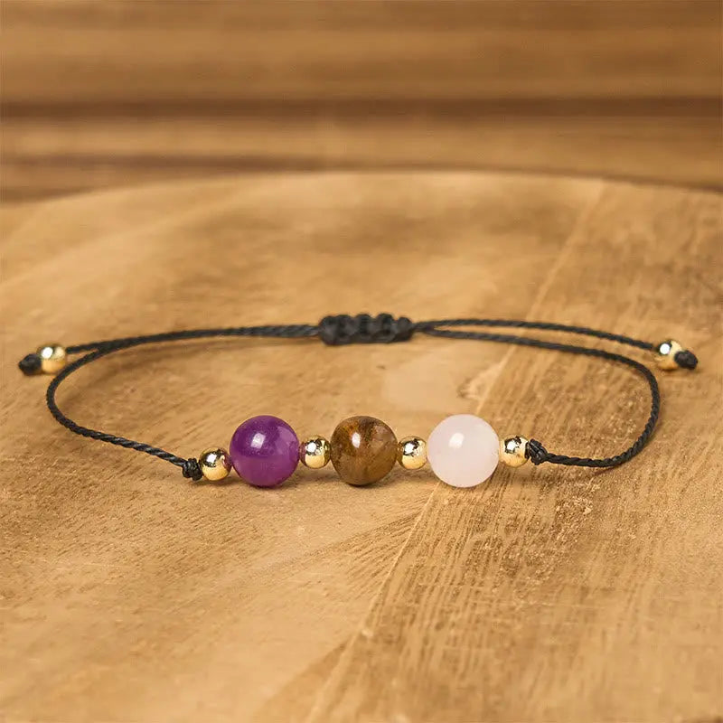 Buddha Stones Amethyst Tiger Eye Rose Quartz Protection Anti-Anxiety Card Rope Bracelet Fortune Jewel