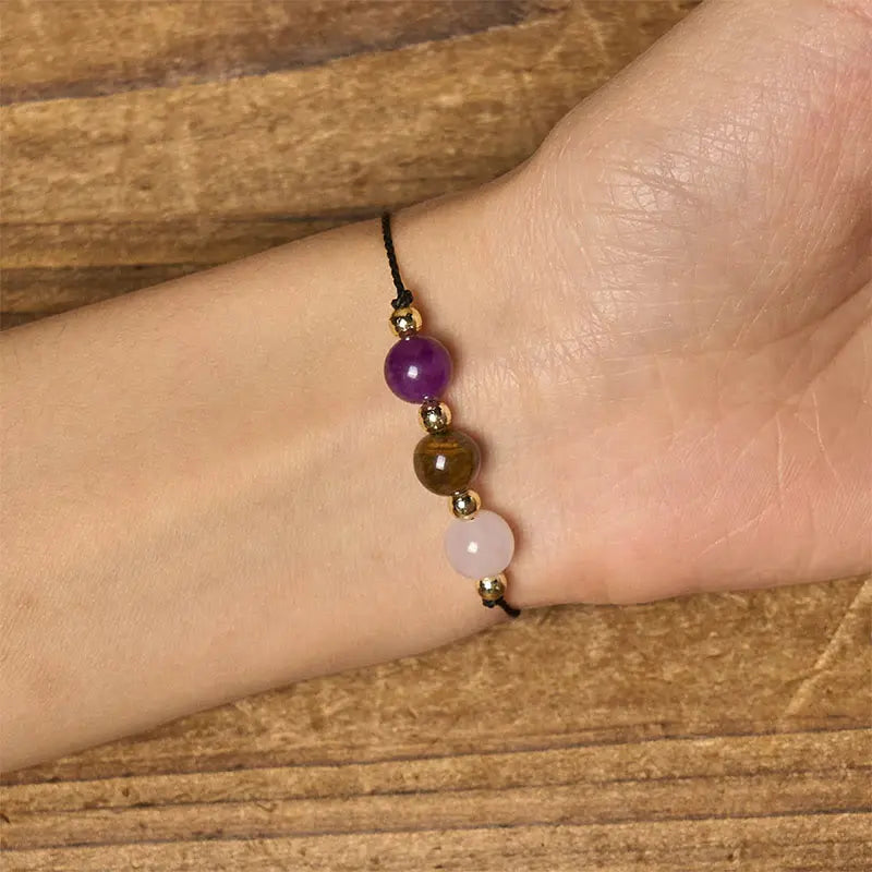Buddha Stones Amethyst Tiger Eye Rose Quartz Protection Anti-Anxiety Card Rope Bracelet Fortune Jewel