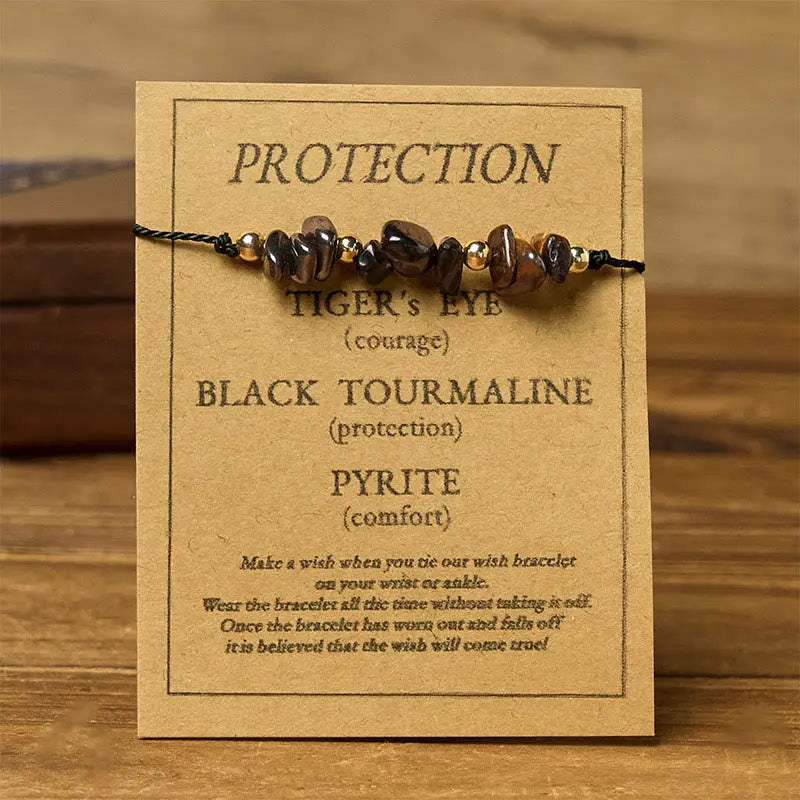 Fortune Jewel Tiger Eye Black Tourmaline Pyrite Protection Card Rope Bracelet Fortune Jewel