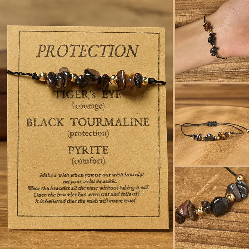 Fortune Jewel Tiger Eye Black Tourmaline Pyrite Protection Card Rope Bracelet Fortune Jewel