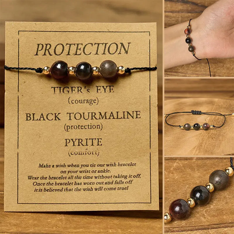 Fortune Jewel Tiger Eye Black Tourmaline Pyrite Protection Card Rope Bracelet Fortune Jewel