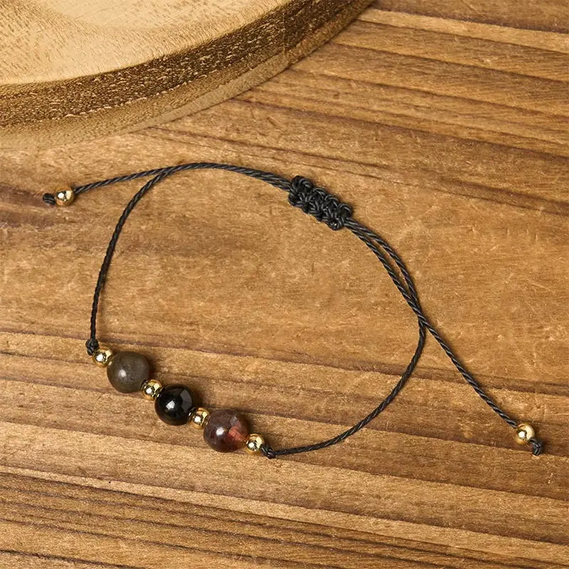 Fortune Jewel Tiger Eye Black Tourmaline Pyrite Protection Card Rope Bracelet Fortune Jewel