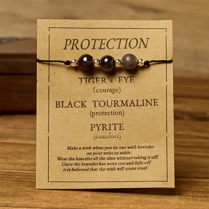 Fortune Jewel Tiger Eye Black Tourmaline Pyrite Protection Card Rope Bracelet Fortune Jewel