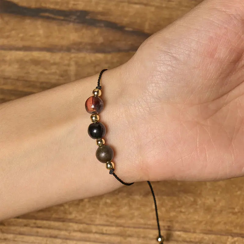 Fortune Jewel Tiger Eye Black Tourmaline Pyrite Protection Card Rope Bracelet Fortune Jewel