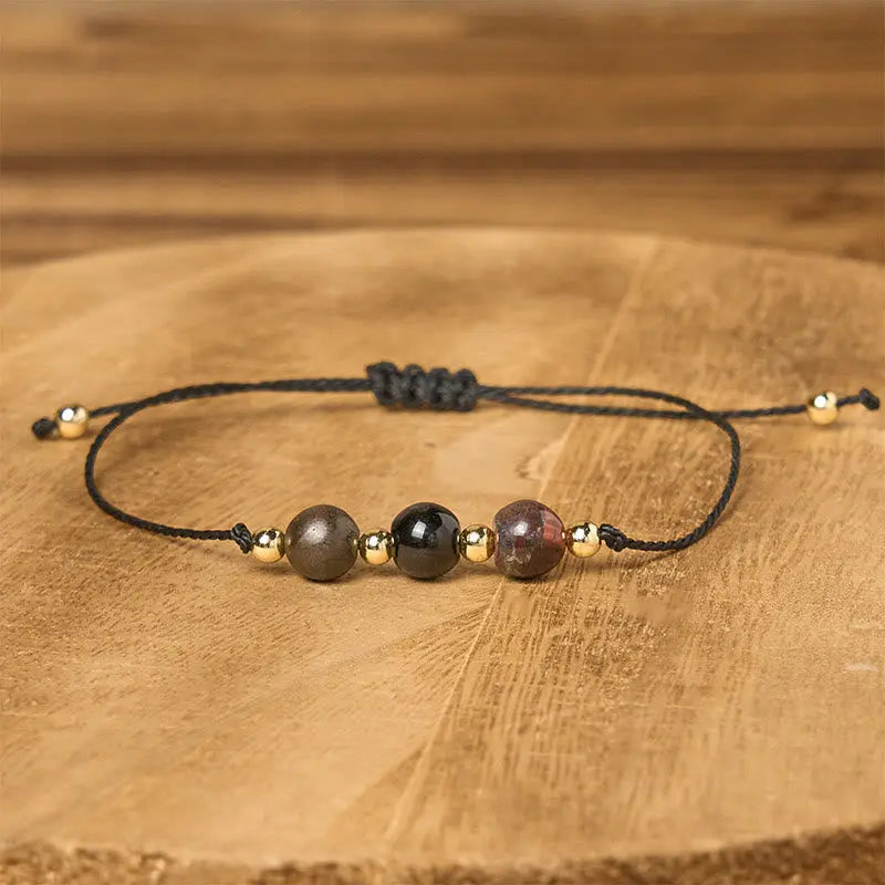 Fortune Jewel Tiger Eye Black Tourmaline Pyrite Protection Card Rope Bracelet Fortune Jewel