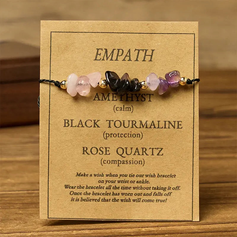 Fortune Jewel Amethyst Black Tourmaline Rose Quartz Empath Card Rope Bracelet Fortune Jewel