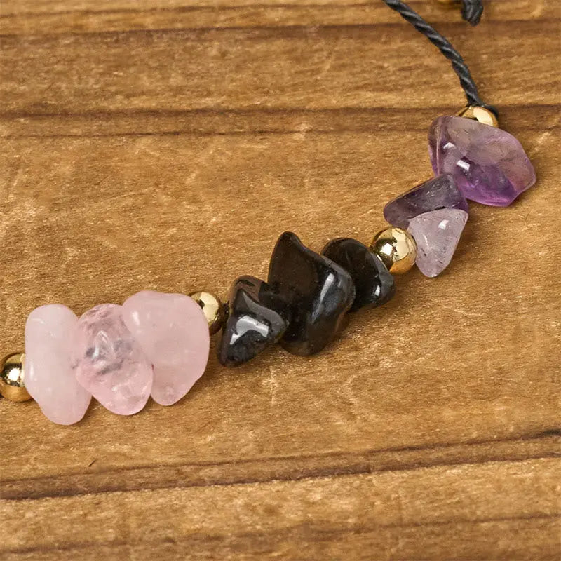 Fortune Jewel Amethyst Black Tourmaline Rose Quartz Empath Card Rope Bracelet Fortune Jewel