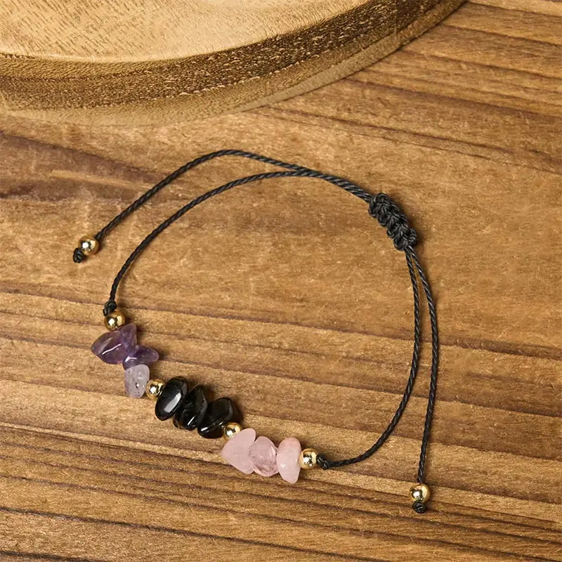 Fortune Jewel Amethyst Black Tourmaline Rose Quartz Empath Card Rope Bracelet Fortune Jewel