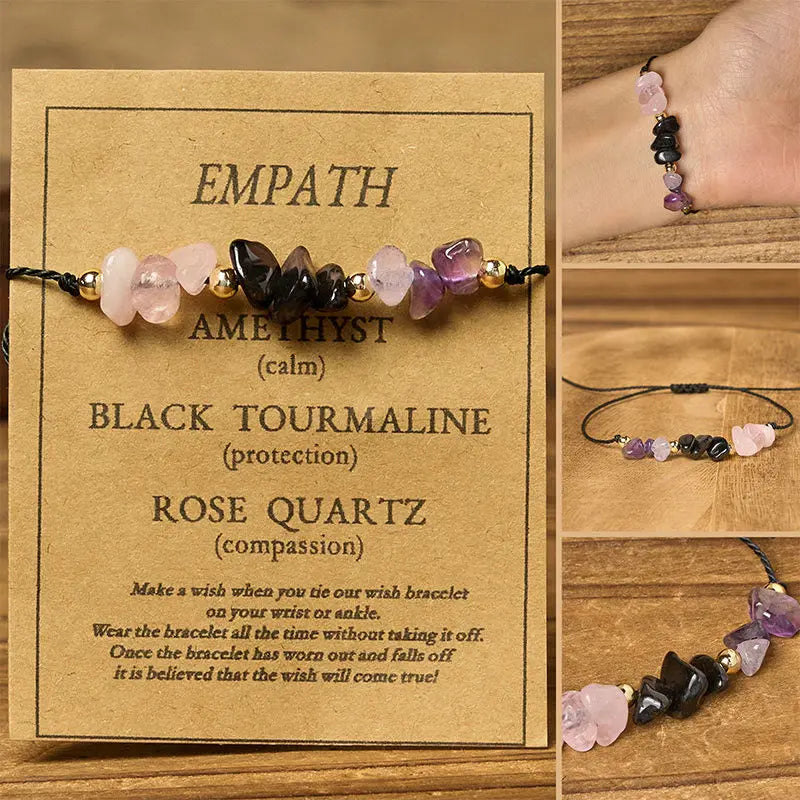 Fortune Jewel Amethyst Black Tourmaline Rose Quartz Empath Card Rope Bracelet Fortune Jewel