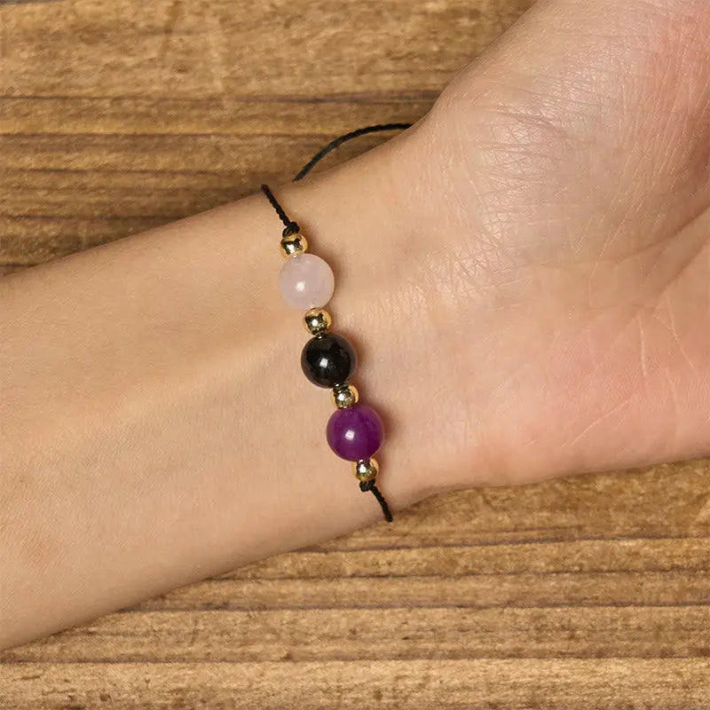 Fortune Jewel Amethyst Black Tourmaline Rose Quartz Empath Card Rope Bracelet Fortune Jewel