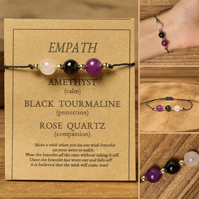 Fortune Jewel Amethyst Black Tourmaline Rose Quartz Empath Card Rope Bracelet Fortune Jewel