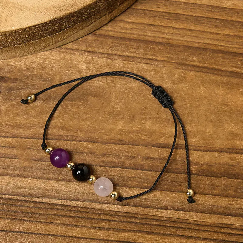 Fortune Jewel Amethyst Black Tourmaline Rose Quartz Empath Card Rope Bracelet Fortune Jewel