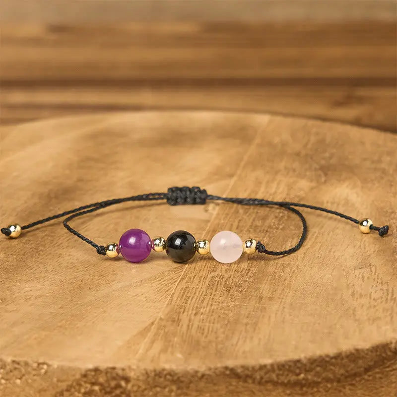 Fortune Jewel Amethyst Black Tourmaline Rose Quartz Empath Card Rope Bracelet Fortune Jewel