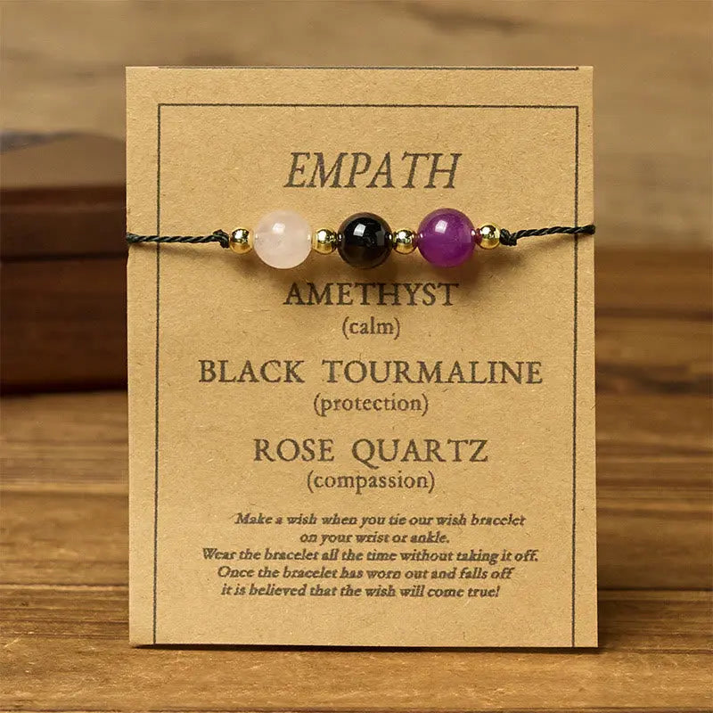 Fortune Jewel Amethyst Black Tourmaline Rose Quartz Empath Card Rope Bracelet Fortune Jewel