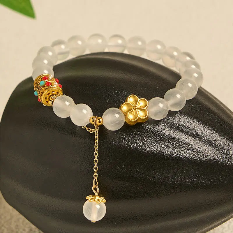Fortune Jewel Tibetan White Agate Crystal Stone Flowers Positivity Bracelet Fortune Jewel
