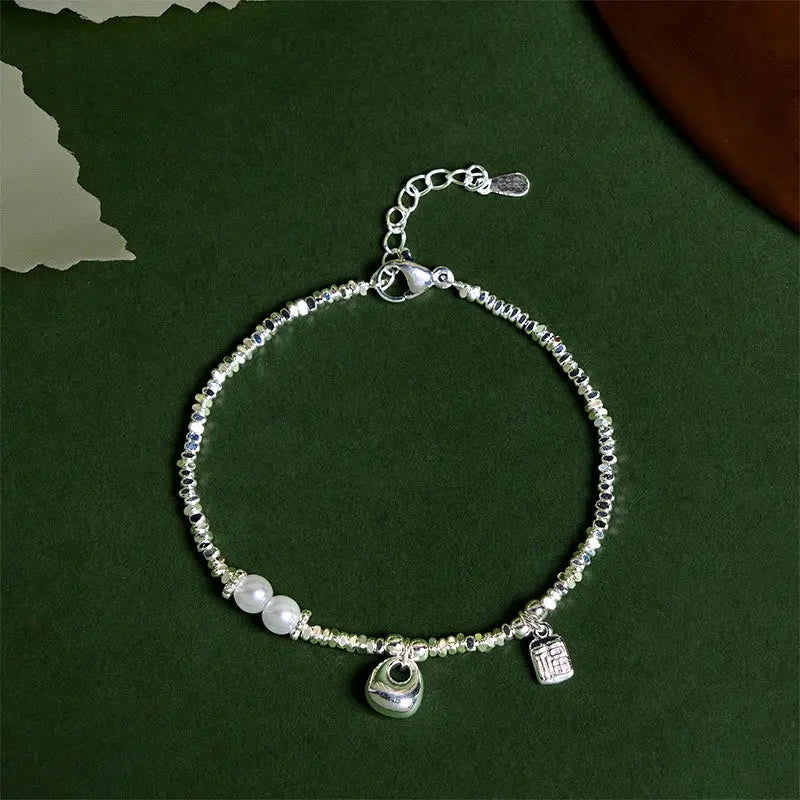 Fortune Jewel Copper Plated Silver Fu Character Purse Pearl Blessing Bracelet Fortune Jewel