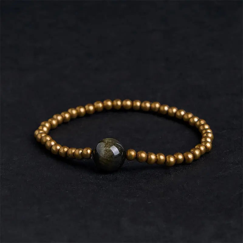 Fortune Jewel Plated Copper Brass Gold Sheen Obsidian Protection Wealth Bracelet Fortune Jewel