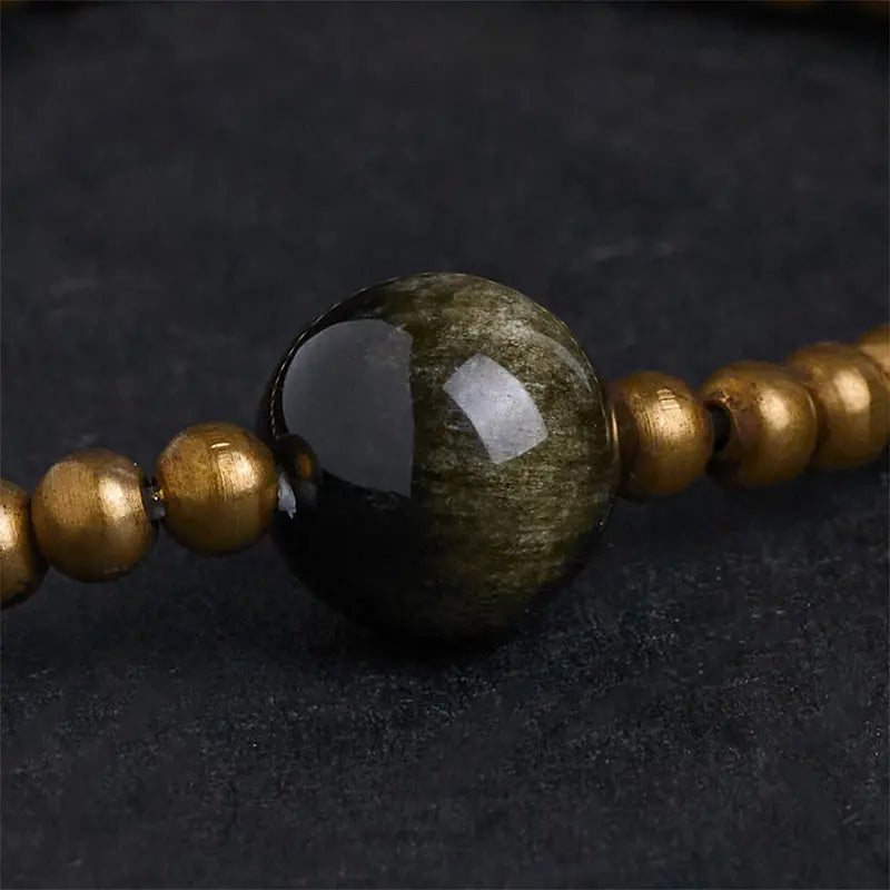 Fortune Jewel Plated Copper Brass Gold Sheen Obsidian Protection Wealth Bracelet Fortune Jewel