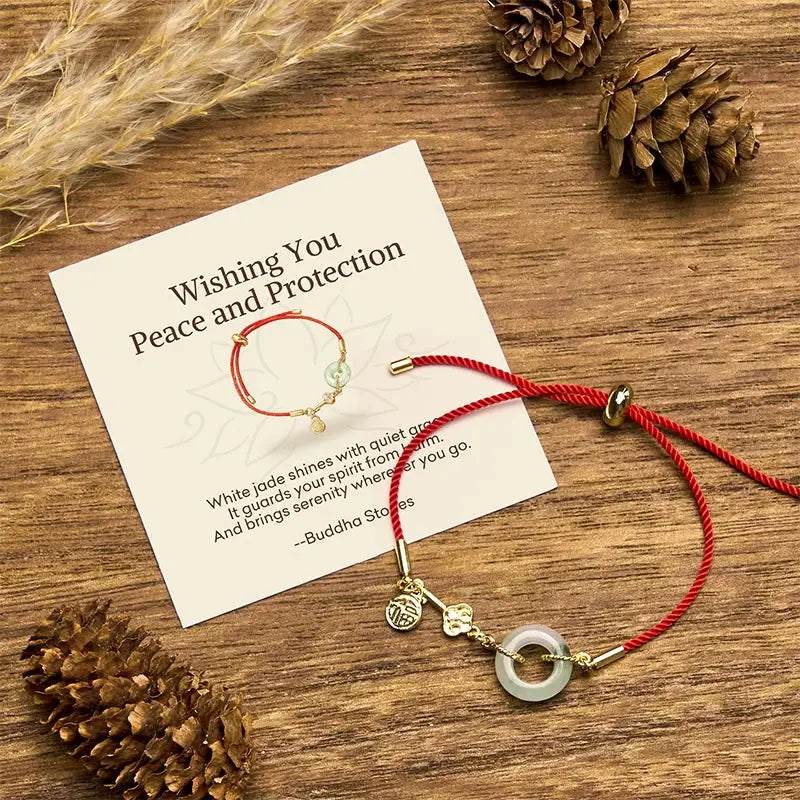 Fortune Jewel "Wishing You Peace and Protection" Jade Red Rope Bracelet Includes Gift Message Card Fortune Jewel