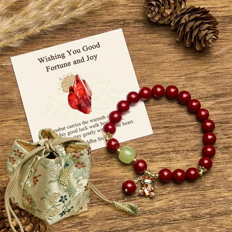Buddha Stones "Wishing You Good Fortune and Joy" Cat Cinnabar Bracelet Includes Gift Message Card Fortune Jewel