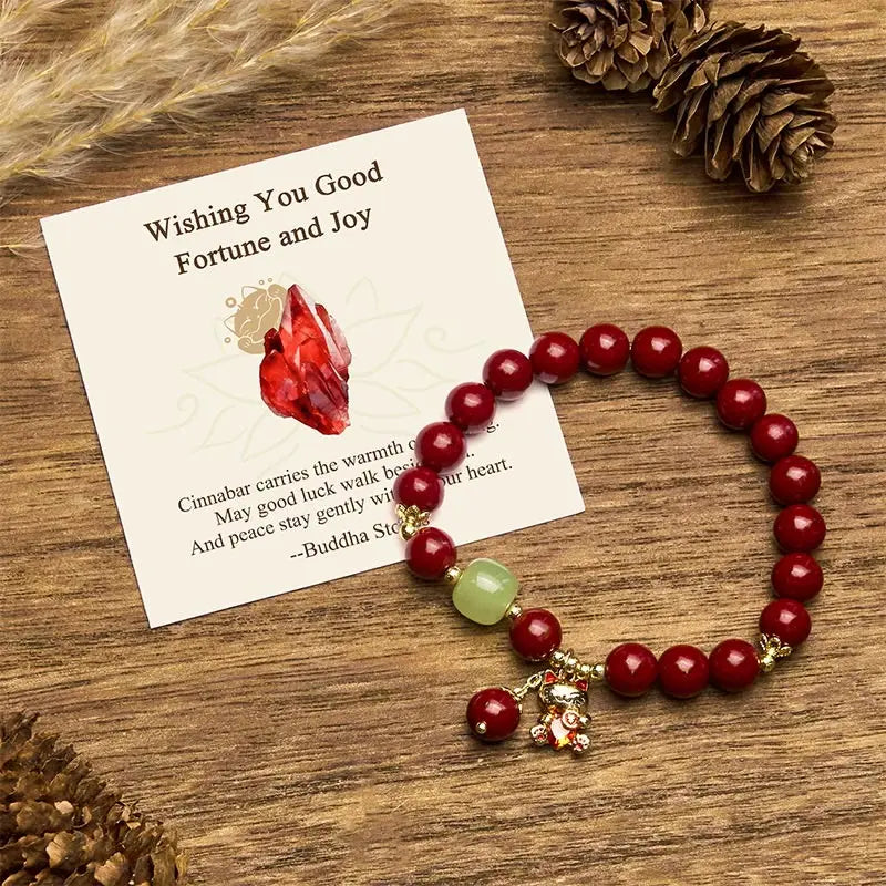 Buddha Stones "Wishing You Good Fortune and Joy" Cat Cinnabar Bracelet Includes Gift Message Card Fortune Jewel
