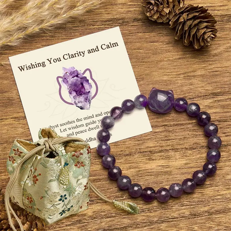 Buddha Stones "Wishing You Clarity and Calm" Cute Cat Amethyst Bracelet Includes Gift Message Card Fortune Jewel