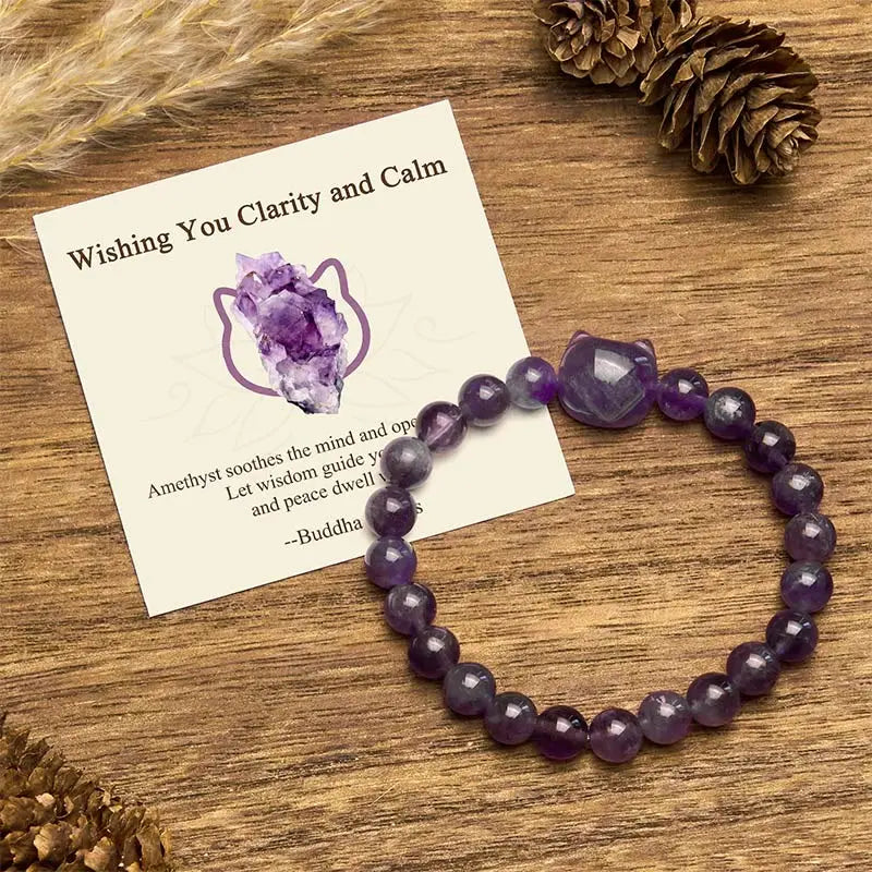 Buddha Stones "Wishing You Clarity and Calm" Cute Cat Amethyst Bracelet Includes Gift Message Card Fortune Jewel
