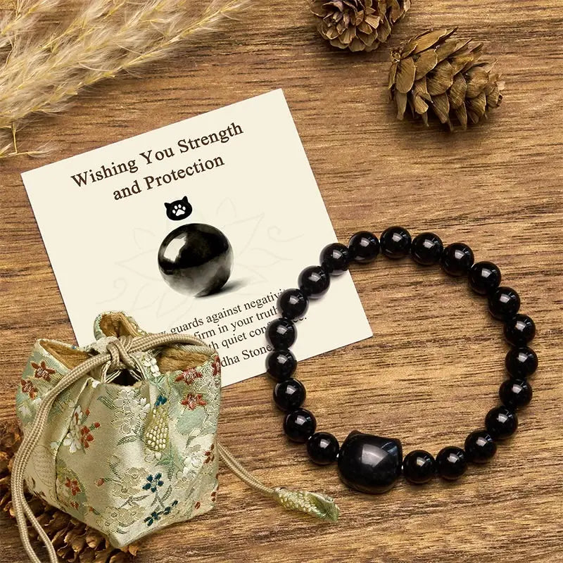 Buddha Stones "Wishing You Strength and Protection" Cat Onyx Bracelet Includes Gift Message Card Fortune Jewel