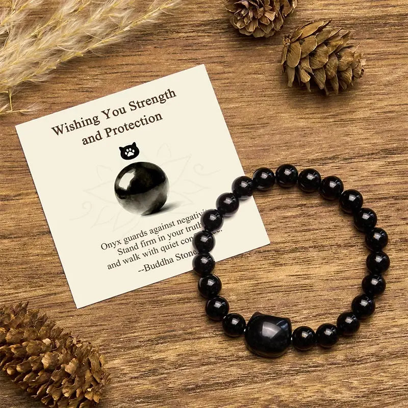 Buddha Stones "Wishing You Strength and Protection" Cat Onyx Bracelet Includes Gift Message Card Fortune Jewel
