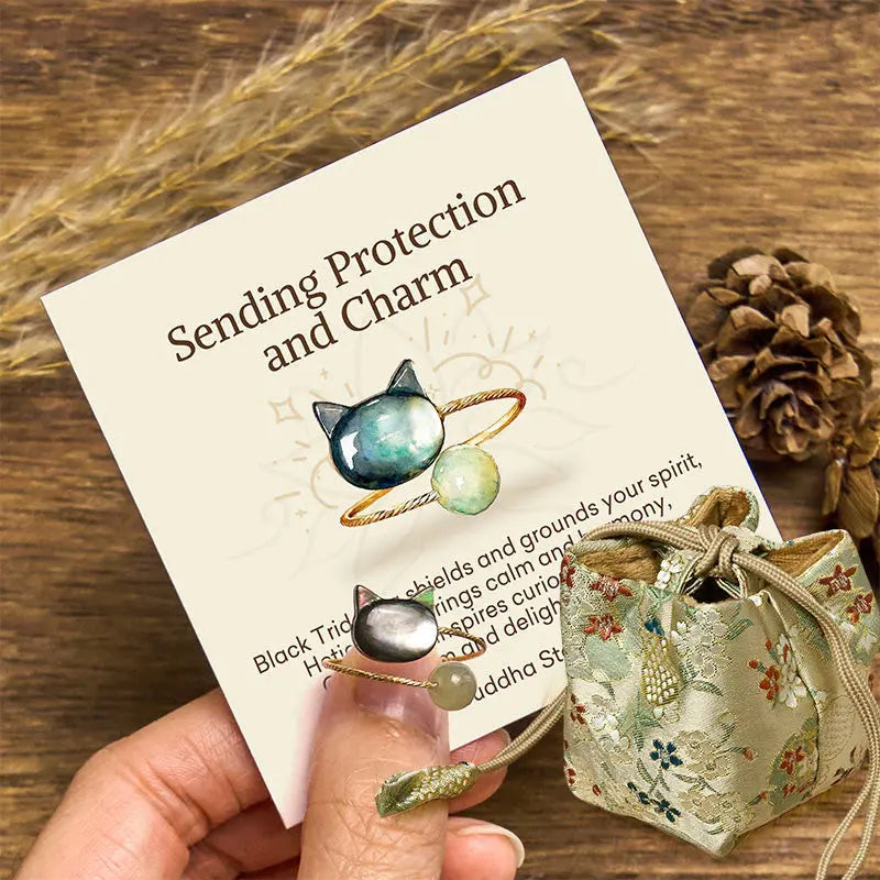 Fortune Jewel "Sending Protection and Charm" Tridacna Stone Cat Ring Includes Gift Message Card Fortune Jewel