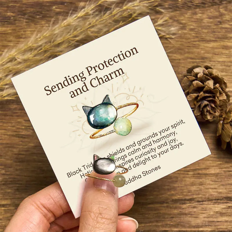 Fortune Jewel "Sending Protection and Charm" Tridacna Stone Cat Ring Includes Gift Message Card Fortune Jewel
