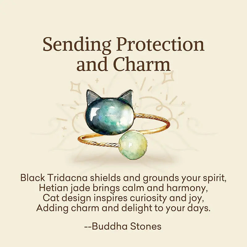 Fortune Jewel "Sending Protection and Charm" Tridacna Stone Cat Ring Includes Gift Message Card Fortune Jewel