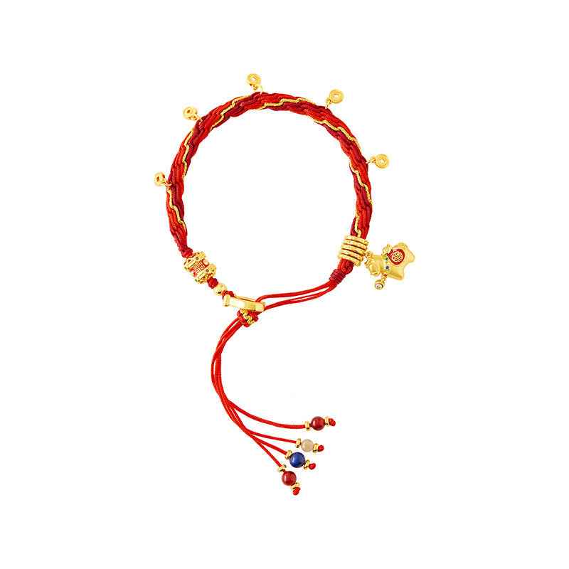 Fortune Jewel Copper Plated 18k Gold Year Of The Horse Fu Character Red String Luck Braided Bracelet