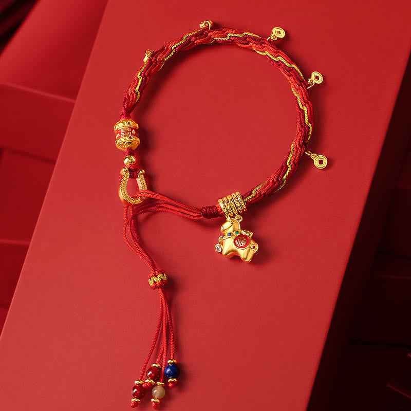 Fortune Jewel Copper Plated 18k Gold Year Of The Horse Fu Character Red String Luck Braided Bracelet