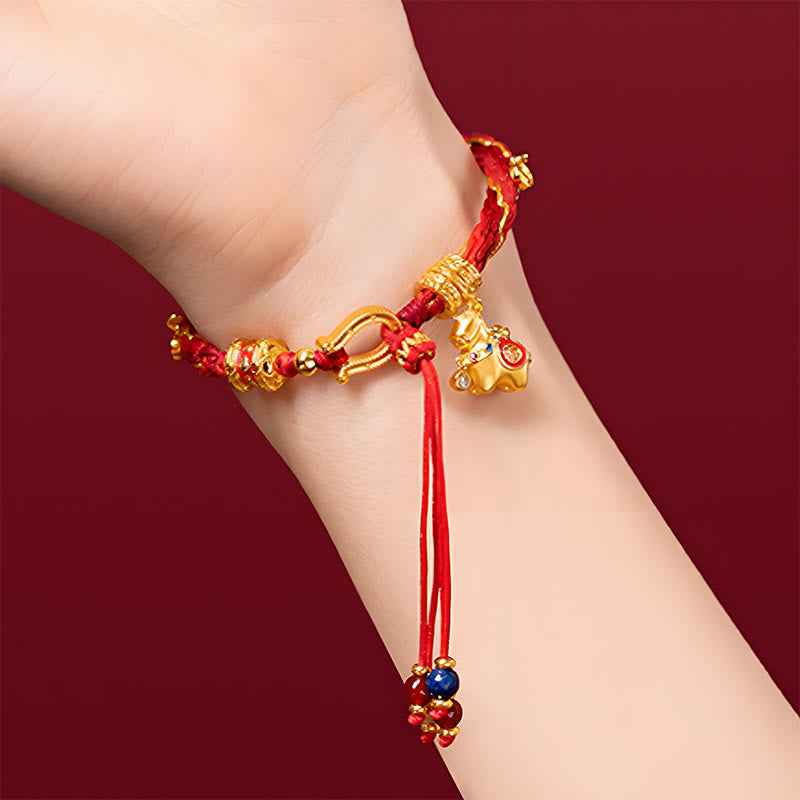 Fortune Jewel Copper Plated 18k Gold Year Of The Horse Fu Character Red String Luck Braided Bracelet