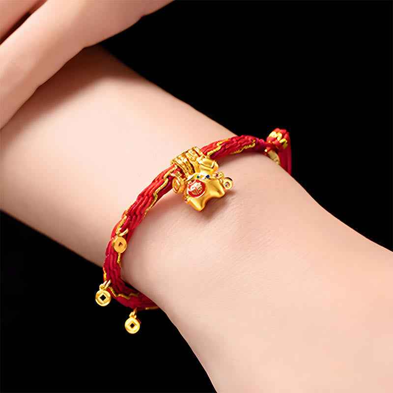 Fortune Jewel Copper Plated 18k Gold Year Of The Horse Fu Character Red String Luck Braided Bracelet