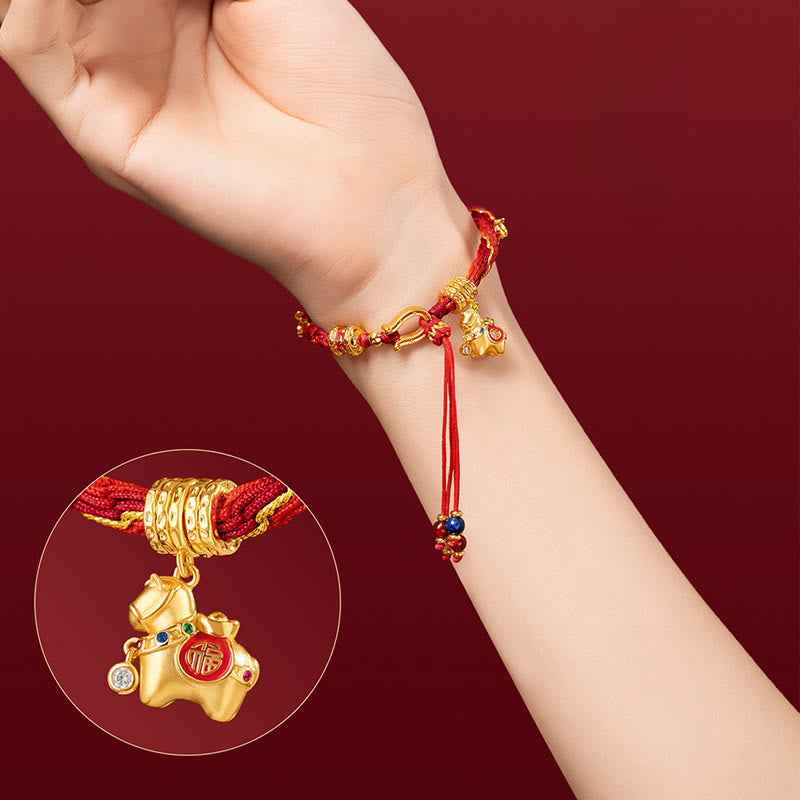 Fortune Jewel Copper Plated 18k Gold Year Of The Horse Fu Character Red String Luck Braided Bracelet