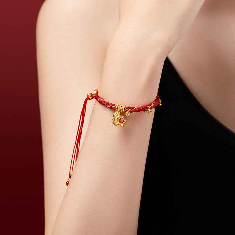 Fortune Jewel Copper Plated 18k Gold Year Of The Horse Fu Character Red String Luck Braided Bracelet