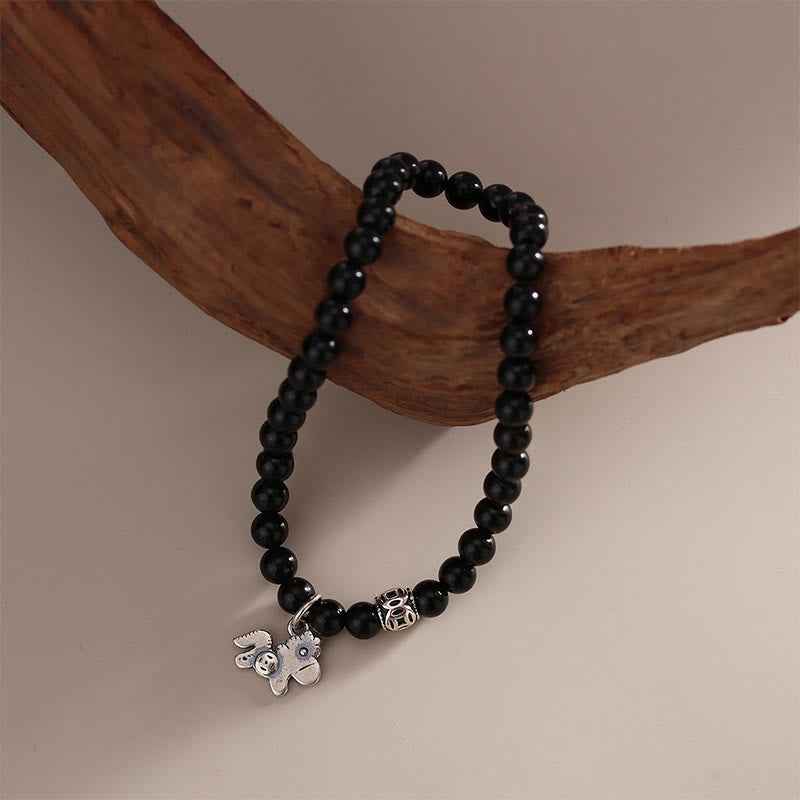 Fortune Jewel Year Of The Horse 925 Sterling Silver Natural Black Obsidian Strength Bracelet