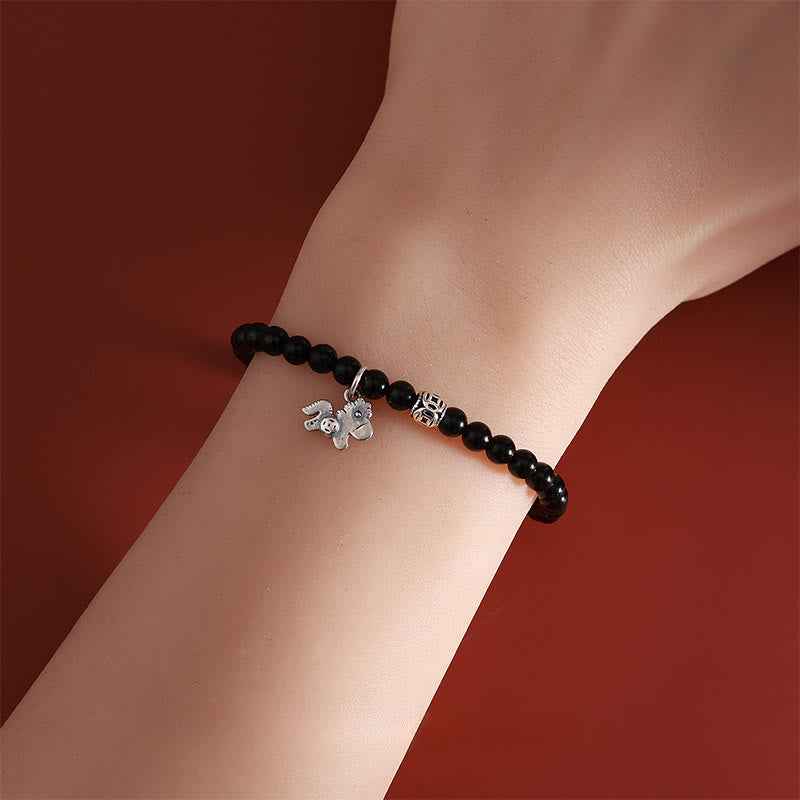 Fortune Jewel Year Of The Horse 925 Sterling Silver Natural Black Obsidian Strength Bracelet